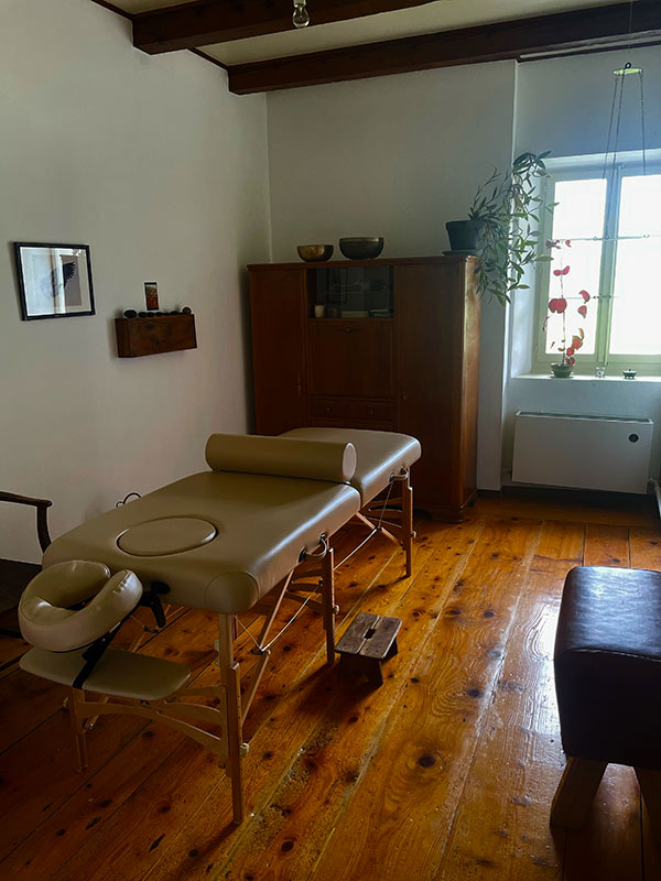 bodywork room with massage bed, plants, cubpoard, wooden floor